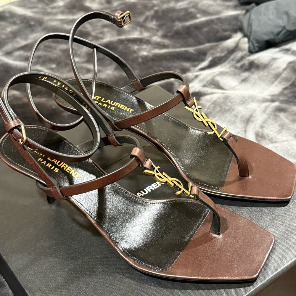 Saint Laurent Brown Leather Toe-Ring Heeled Sandals with Gold YSL Logo